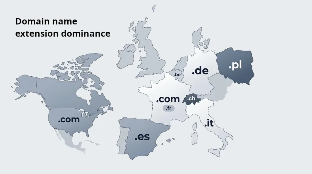 Karte zur Verbreitung der Domainendungen in Nordamerika und Europa